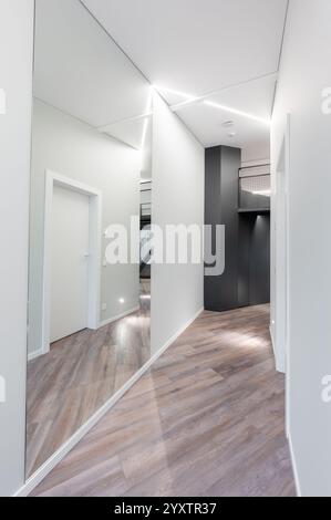 Ein eleganter, moderner Flur mit klaren Linien, geometrischer Architektur und elegantem Holzfußboden, der eine minimalistische und stilvolle moderne Ästhetik schafft Stockfoto