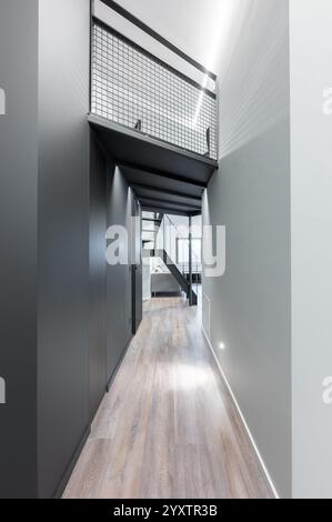 Ein eleganter, moderner Flur mit klaren Linien, geometrischer Architektur und elegantem Holzfußboden, der eine minimalistische und stilvolle moderne Ästhetik schafft Stockfoto