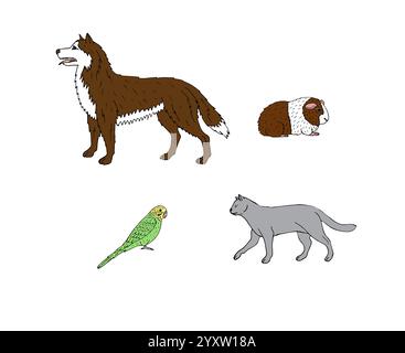 Vektorsatz von Hand gezeichneter Kritzelskizze Haustiere Tiere isoliert auf weißem Hintergrund Stock Vektor