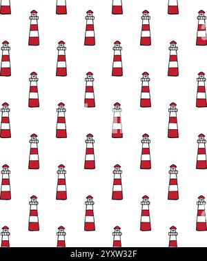 Nahtloses Vektor-Muster des farbigen handgezeichneten Kritzelskizzen-Leuchtturms isoliert auf weißem Hintergrund Stock Vektor