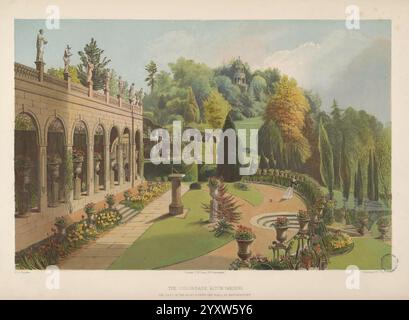 Die Gärten von England, London, T. McLean, [1858?], Landhäuser, England, Gärten, englische, malerische Werke., Ein wunderschön gestalteter Garten bietet üppiges Grün, lebendige Blumen und aufwändig gestaltete Wege. Elegante Steinbögen säumen eine Seite der Szene, die mit klassischen Statuen geschmückt sind. Im Hintergrund ist ein sanfter Hügel mit Bäumen in verschiedenen Grün- und Goldtönen gesäumt, was auf einen ruhigen, späten Nachmittag hindeutet. Springbrunnen und dekorative Elemente ergänzen den Außenbereich und schaffen eine ruhige und einladende Atmosphäre, die ideal für gemütliche Spaziergänge und Nachdenken ist Stockfoto