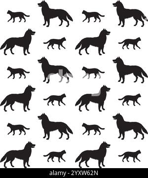 Nahtloses Vektor-Muster der Silhouette der schwarzen Katzen und Hunde isoliert auf weißem Hintergrund Stock Vektor