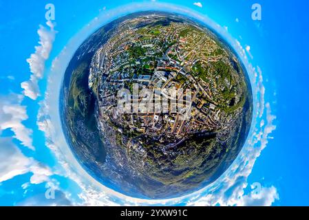 Luftaufnahme, Stadtzentrum mit Rathaus und Volme Galerie Einkaufszentrum, Erdkugel, Fischaugenbild, 360-Grad-Bild, winzige Welt, kleiner Planet, fi Stockfoto