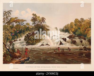 Zwölf Ausblicke im Inneren von Guiana London Ackermann and Co. 1841 Beschreibung und Reise Guyana Pictorial Works, die Szene fängt eine atemberaubende Landschaft entlang eines Flusses ein, wo Wasser dramatisch über Felsen stürzt und eine Reihe von Wasserfällen erzeugt. Im Vordergrund sieht man eine Gruppe von Individuen, die in traditioneller Kleidung gekleidet sind, bei verschiedenen Aktivitäten, möglicherweise beim Angeln oder beim Sammeln von Ressourcen aus dem Fluss. Die lebendige Flora umgibt das Wasser mit üppigem Grün und farbenfrohen Vögeln, die durch die Bäume flattern und der ruhigen Umgebung Leben verleihen. Im Hintergrund erheben sich sanfte Hügel Stockfoto