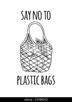 Vektor Hand gezeichnete Kritzelskizze Eco String Bag mit Gemüse und sagen nein zu Plastiktüte Beschriftung isoliert auf weißem Hintergrund Stock Vektor
