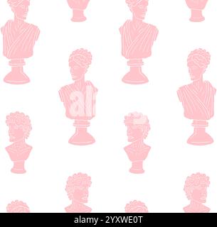 Nahtloses Muster des Vektors der Hand gezeichneten Kritzelskizze rosa antiker Mann und Frau Büste Statue isoliert auf weißem Hintergrund Stock Vektor