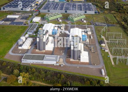 Luftaufnahme, Trianel Gaskraftwerk Hamm GmbH, Gewerbegebiet Trianelstraße, Picknick Logistik und Arvato Logistikdienst mit Solardach, Uentrop, Hamm Stockfoto