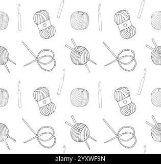 Nahtloses Muster des Hand gezeichneten Doodle Sketch Set Bündel von Strickzubehör Garnen und Nadeln isoliert auf weißem Hintergrund Stock Vektor