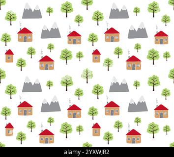 Nahtloses Muster des Vektors der farbigen handgezeichneten Kritzelskizze Landhäuser Bäume und Landschaft isoliert auf weißem Hintergrund Stock Vektor