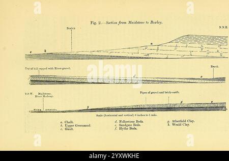 The Quarterly Journal of the Geological Society of London, v.21 (1865) London, Geology, Periodicals, die Illustration zeigt einen geologischen Querschnitt, der sich auf die Bodenschichten und Sedimente zwischen Maidstone und Gerste konzentriert. Das Diagramm kennzeichnet eindeutig verschiedene Schichten, einschließlich Arten von Kreide, oberem Grünand und Kies. Außerdem werden die kontinuierlichen Schichten umrissen, wobei die Messungen eine Skala von 1 Meile bis 1 Inch anzeigen. Es werden zwei unterschiedliche geologische Profile dargestellt, die die Beziehung zwischen verschiedenen Bodentypen und ihren jeweiligen Tiefen verdeutlichen. Dieses Bildmaterial dient dazu Stockfoto