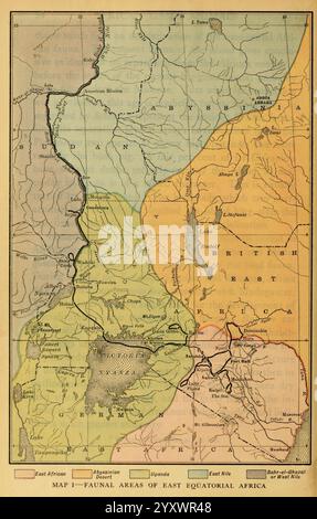 Lebensgeschichten afrikanischer Wildtiere New York, C. Scribner's Sons, 1914. Afrika, Osten, Säugetiere, Eine detaillierte geografische Darstellung des östlichen Äquatorialafrikas, die verschiedene Faunengebiete hervorhebt. Die Karte ist in verschiedene Regionen unterteilt, die jeweils mit unterschiedlichen Farben gekennzeichnet sind, um bestimmte ökologische Zonen anzuzeigen. Zu den bemerkenswerten Merkmalen gehören die Grenzen Britisch-Ostafrikas, Ugandas und der Kongo-Region sowie bedeutende Flüsse und Gebirgszüge. Schlüsselstädte und Städte werden beschriftet, was den Kontext für die menschlichen Siedlungsmuster der Region darstellt. Die Legende bietet Einblicke in die Klassifizierung Stockfoto