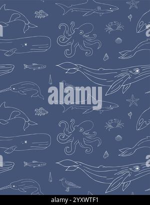 Vector seamless pattern of white hand drawn doodle sketch sea animals and fish isolated on blue background Stock Vektor