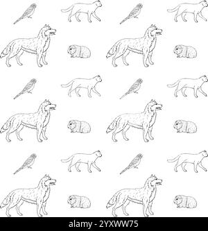 Nahtloses Vektor-Muster von Hand gezeichneter Kritzelskizze Haustiere Tiere isoliert auf weißem Hintergrund Stock Vektor