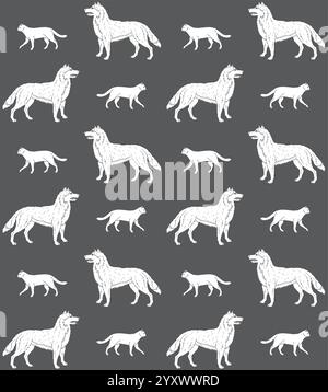 Nahtloses Vektor-Muster von weißen Hand gezeichneten Kritzelskizzen Katzen und Hunden isoliert auf grauem Hintergrund Stock Vektor