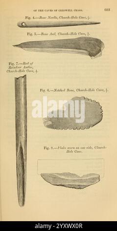 The Quarterly Journal of the Geological Society of London, v. 33 (1877), London, Geologie, Periodika, die Illustration zeigt verschiedene prähistorische Werkzeuge und Artefakte, die in der Church-Hole-Höhle entdeckt wurden, Teil der archäologischen Stätte der Creswell Crags. Dazu gehören Stockfoto