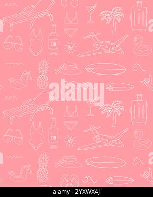 Nahtloses Vektor-Muster der weißen Hand gezeichneten Skizze Reise Kritzeleien isoliert auf rosa Hintergrund Stock Vektor
