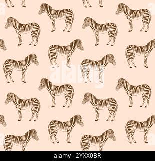 Nahtloses Vektor-Muster von braunem Hand gezeichnetem Kritzelskizze Zebra isoliert auf beigem Hintergrund Stock Vektor