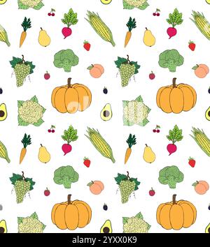 Nahtloses Vektor-Muster von Hand gezeichneter Kritzelskizze farbiges Obst und Gemüse isoliert auf weißem Hintergrund Stock Vektor