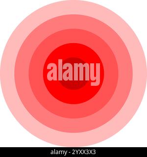 Symbol für die Schmerzlokalisierung. Rote konzentrische Kreise. Wunden, Schmerzen oder Entzündungen. Puls-, Strahlungs- oder Vibrationszeichen. Schockwellen-, Radar-, Sonarwellen- oder Tonsignalpiktogramm. Vektorabbildung. Stock Vektor
