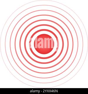 Rote konzentrische Kreise mit Punkt in der Mitte. Ziel oder Ziel, Schmerzlokalisierungssymbol. Wunden, Schmerzen oder Entzündungen. Puls-, Vibration- oder Strahlungszeichen. Piktogramm für Tonsignal. Vektorabbildung. Stock Vektor