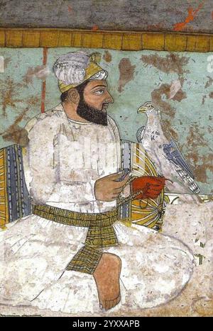 Detail von Guru Hargobind aus einem Gemälde, das ihn mit Bhai Rupa Chand, etwa Mitte des 17. Jahrhunderts, darstellt. Stockfoto