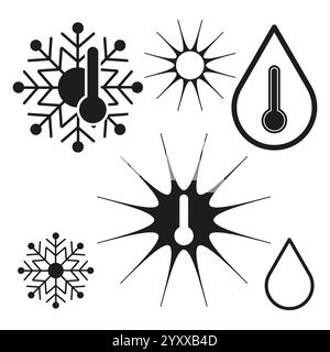 Temperatursymbole. Wetter-Konzept-Elemente. Schneeflocke und Sonne. Tropfen mit Thermometer. Stock Vektor