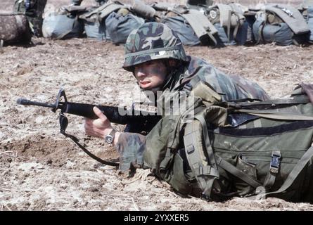 DF-ST-87-13311 Ein Fallschirmjäger bewacht den Umkreis einer Abwurfzone nahe Yoju für Mitglieder der 1ST Special Forces und 40 US Air Force Kampfkontrolleure während des ÜBUNGSTEAMS SPIRIT'85. Stockfoto