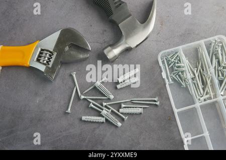 Verschiedene Werkzeuge und Schrauben sind auf einer Werkbank angeordnet, die für Heimwerkerprojekte entwickelt wurde Stockfoto