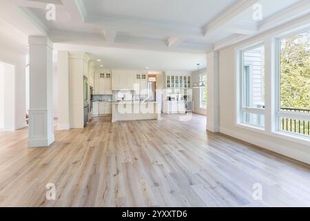 Hochwertiges Wohnzimmer eines neuen Hauses ohne Möbel mit Blick auf die Küche Stockfoto