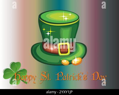 Grüner Hut mit einer Goldmünze und den Worten Happy St. Patrick's Day. Der Hut ist auf dem Hintergrund eines Regenbogens. Shamrock Saint Patrick Day Rainbow St Stock Vektor