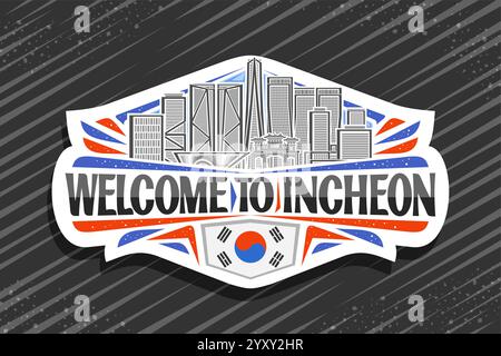 Vektor-Logo für Incheon, dekoratives geschnittenes Papier-Tag mit Linie Illustration der städtischen incheon Stadtlandschaft auf Tageshintergrund, Kunstdesign horizontaler Kühlschrank Stock Vektor