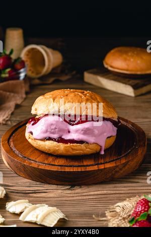 burger mit Erdbeereis. Eis-Sandwich auf Holzhintergrund. Stockfoto