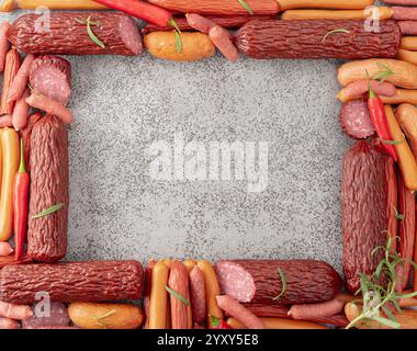 Verschiedene Trocken- und Räucherwürste mit rotem Pfeffer und Rosmarin auf einem Steintisch. Draufsicht, Kopierraum. Stockfoto