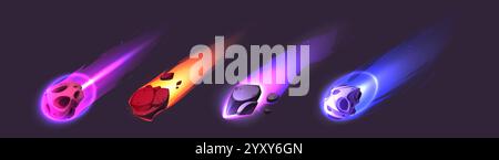 Sammlung brennender Asteroiden und Kometen – himmlische Felsen mit leuchtenden Pfaden in verschiedenen Farben, flammende Meteore mit leuchtenden Schwänzen auf dunklem Hintergrund für visuelle Effekte im Weltraumspiel oder kosmisches Design. Stock Vektor