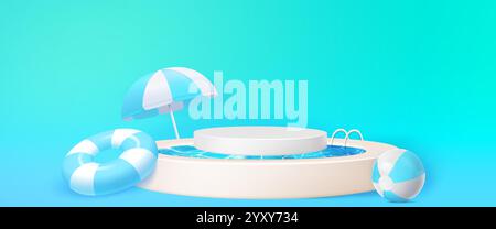 Podium des Swimmingpools isoliert auf blauem Hintergrund. Realistische Vektor-Illustration der runden Plattform für Sommertour, Sonnenschutzmittel kosmetische Produktpräsentation, aufblasbarer Ring, Ball und Strandschirm Stock Vektor