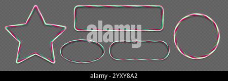Zuckerrohrrahmenkollektion in roter und grüner Spirale. Geometrische Formen – Stern-, Rechteck-, Oval- und kreisförmige Süßwarenlinien. Dekorative Feiertagsränder für weihnachtliches oder winterliches Design. Stock Vektor