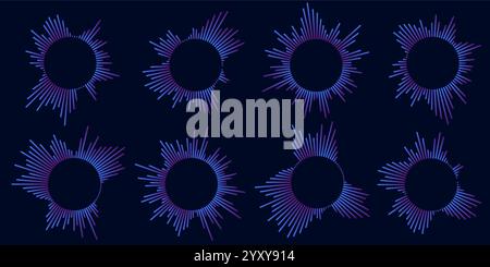 Satz von Symbolen für kreisförmige Welligkeit. Konzentrische Kreise mit unterbrochenen Linien, die auf weißem Hintergrund isoliert sind. Vortex, Sonarwelle, Schallwelle, Sonnenschein, Signalzeichen Stock Vektor