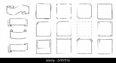 Satz von niedlichen handgezeichneten Doodle-Banner und Bänder isoliert auf weißem Hintergrund für Ihr Design. Ideen für das Bullet Journal. Mädchenkram. Haftnotizen. Stock Vektor