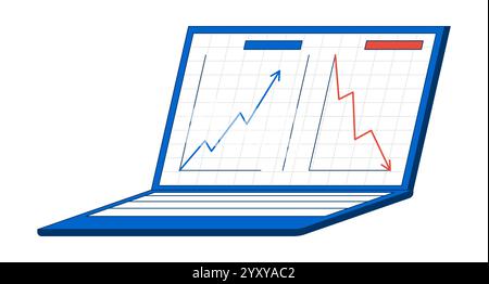Laptop zeigt Liniendiagramme mit aufwärts- und abwärts gerichteten 2D-Zeichentrickobjekten an Stock Vektor