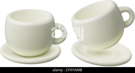 Weiße Tasse und Untertasse 3D realistische Vektor-Illustration. Leeres Keramikporzellan, Becher mit Platte isoliert auf weißem Hintergrund. Stock Vektor