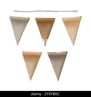 Dreieckige Feiertagsfahnen mit verdrehtem grauen Seil als separate Elemente der Eventdekoration als Girlanden in pastellfarbenen Erdfarben. Das Aquarellset Stockfoto
