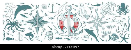Set von Meeressymbolen, Windrose, Anker und Fisch. Handgezeichnet. Nicht AI, Vektorillustration Stock Vektor