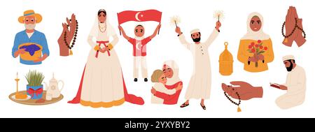 Gruppe von Menschen während traditioneller muslimischer Feiertage. Muslimische Braut, Neujahr, Atatürk-Feier, Muttertag, Frauentag, Novruz Festival, Ramadan Mub Stock Vektor