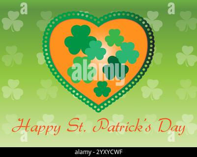 Grünes Herz mit vier Kleebrücken drauf. Der Hintergrund ist grün und der Text sagt Happy St. Patrick Day. Shamrock St. Patrick Day Rainbow St. Paddy Lu Stock Vektor