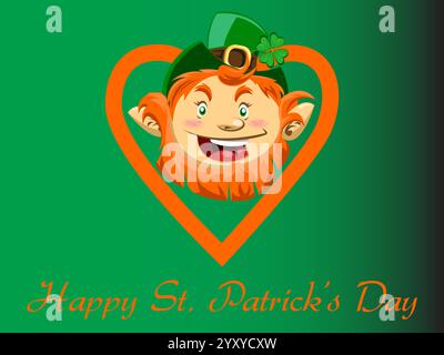 Lächelndes grünes Gesicht mit rotem Bart und grünem Hut. Das Gesicht ist in der Mitte eines Herzens. Die Worte Happy St. Shamrock St. Patrick Day Rainbow St. P. Stock Vektor