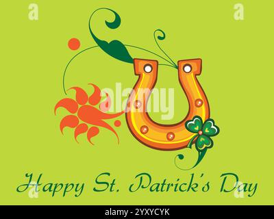 Grünes Poster mit einem Pferdeschuh und einer Sonne drauf. Auf dem Poster steht Happy St. Patrick Day. Shamrock Saint Patrick Day Rainbow St. Paddy Glück der Iren Stock Vektor