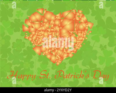 Farbenfrohes Poster mit grünem Hintergrund und einem großen orangefarbenen Herz in der Mitte. Das Herz besteht aus vielen kleinen Stücken. Shamrock Saint Patrick Day Stock Vektor
