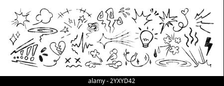 Linienbewegungselemente, Anime-Manga-Doodle-Set. Schwarze Buntstifte-Comic-Emotionssymbole, Emoji-Symbole. Explosionseffekte mit handgezeichnetem Kreidestift, Aktivkohleausdruckszeichen, Ausrufezeichen oder Aktionslinien Stock Vektor