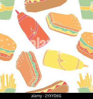 Nahtloses Fast Food-Muster. Fast Food Hintergrund. Gezeichnetes Lebensmittelmuster Stock Vektor