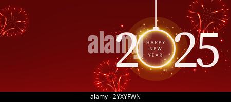 Neujahrsfeuerwerk und goldene Zahlen 2025, blauer Hintergrund. Silvester Feiern. Banner oder Grußkarte für frohe Weihnachten und frohes neues Jahr Stock Vektor